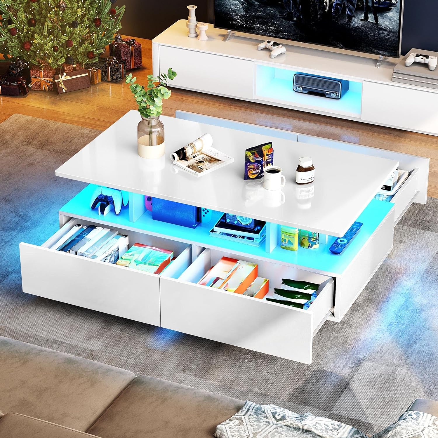 YITAHOME Couchtisch Weiß, Wohnzimmertisch Hochglanz Mit 16-Farbiger LED Beleuchtung Modern, Beistelltisch Weiss Mit Offenem Ausstellungsregal Und 4 Ausziehbaren Schubladen 90X55X41,1 Cm