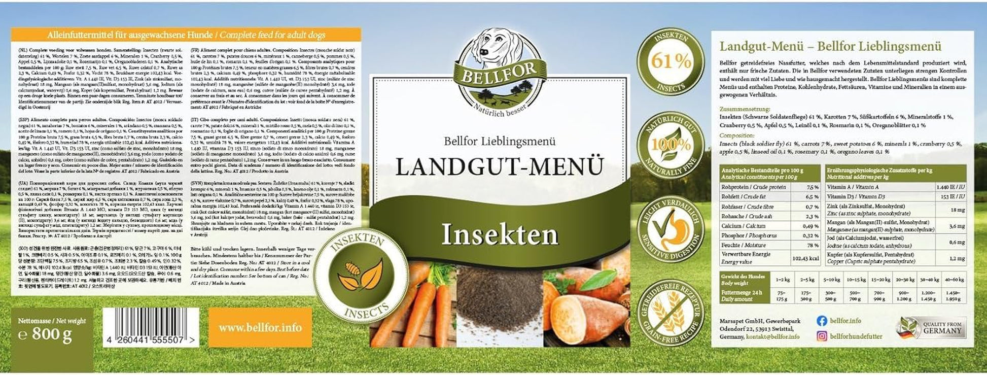Bellfor Landgut-Menü Hochwertiges Getreidefreies Hypoallergenes Nass-Hundefutter Mit Insekten, 6 X 800 G - Diätfutter Mit Hoher Verdaulichkeit Ohne Tierische Nebenerzeugnisse