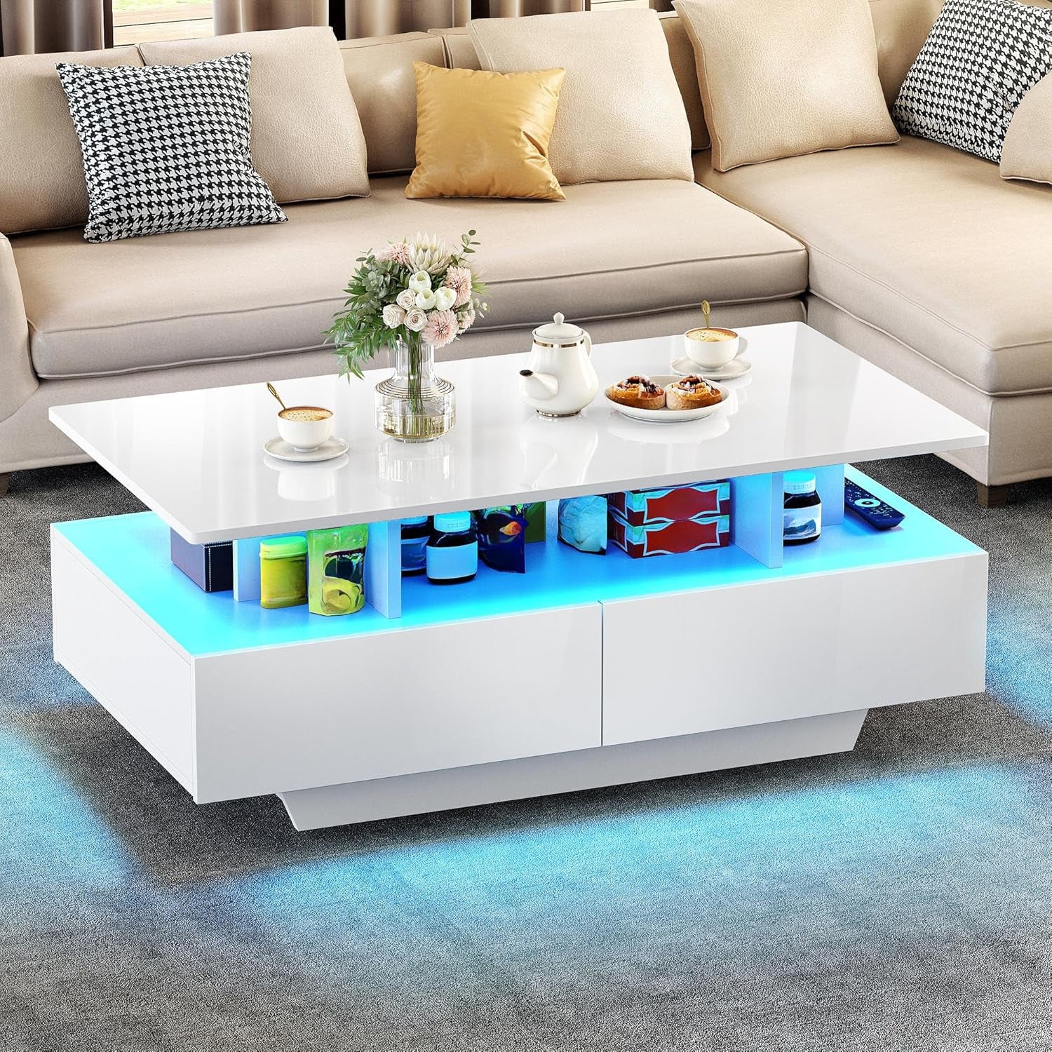 YITAHOME Couchtisch Weiß, Wohnzimmertisch Hochglanz Mit 16-Farbiger LED Beleuchtung Modern, Beistelltisch Weiss Mit Offenem Ausstellungsregal Und 4 Ausziehbaren Schubladen 90X55X41,1 Cm