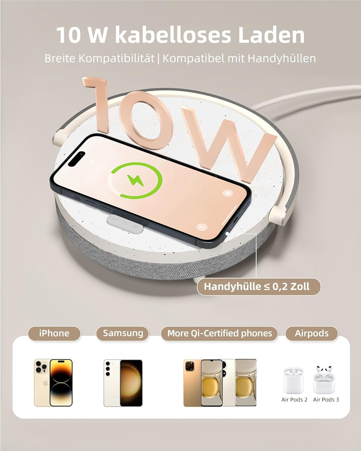 EZVALO LED Nachttischlampe Mit Ladefunktion, 4-In-1 Touch Dimmbar Nachtlicht, Bluetooth Lautsprecher, Kabelloser Ladefunktion, Telefonhalterung, Tischleuchte Für Frauen, Weihnachten, Geburtstag