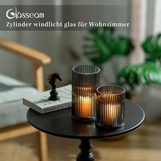 Glasseam Verstärktes Windlicht Glas Kerzengläser: 2Er Set Schwarz Kerzenglas Kerzenhalter Stumpenkerzen Für Tischdeko Glaszylinder Für Kerzen Modern Vase Windlicht Outdoor Für Deko Wohnzimmer