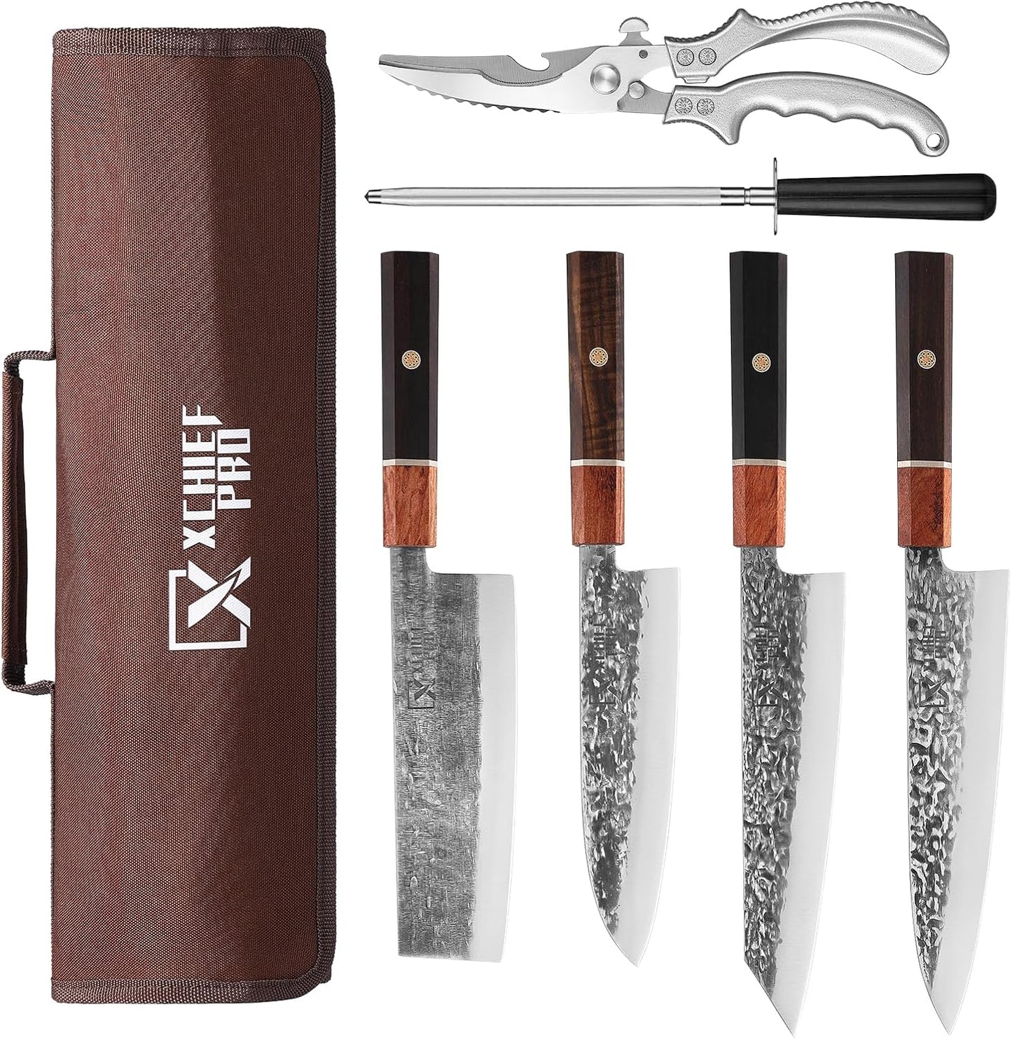 Japan Messer-Set, Hochkohlenstoffstahl Japan Nakiri Santoku Messer, Handgeschmiedetes Fleisch-Hackmesser Mit Zubehör Für Die Küche, Camping Und BBQ, Messer-Set Mit Tragetasche
