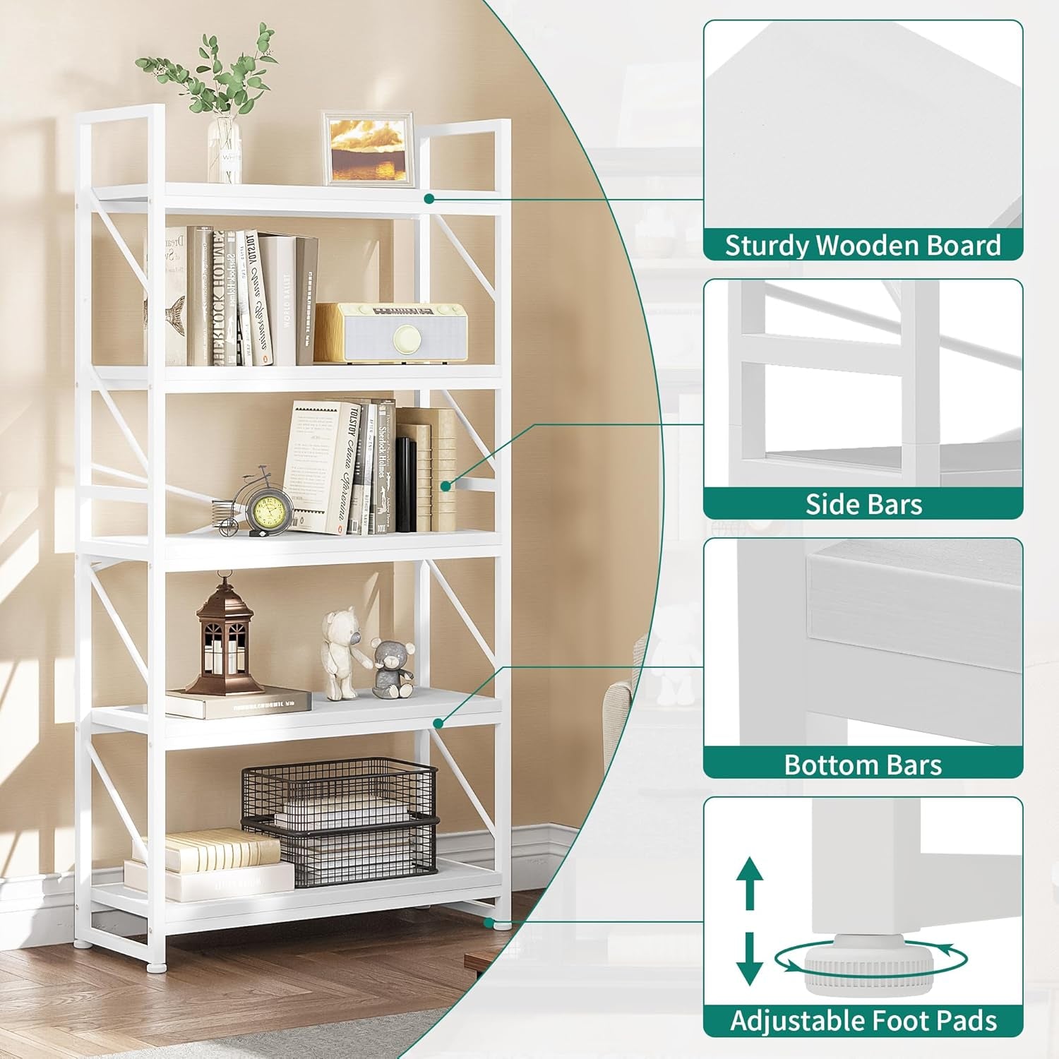 YITAHOME Bücherregal Mit 5 Ebenen - Industrielles Holzregal Mit Metallrahmen, Großes Freistehendes Regal, Präsentationsregal Für Wohnzimmer, Heimbüro - Reinweiß