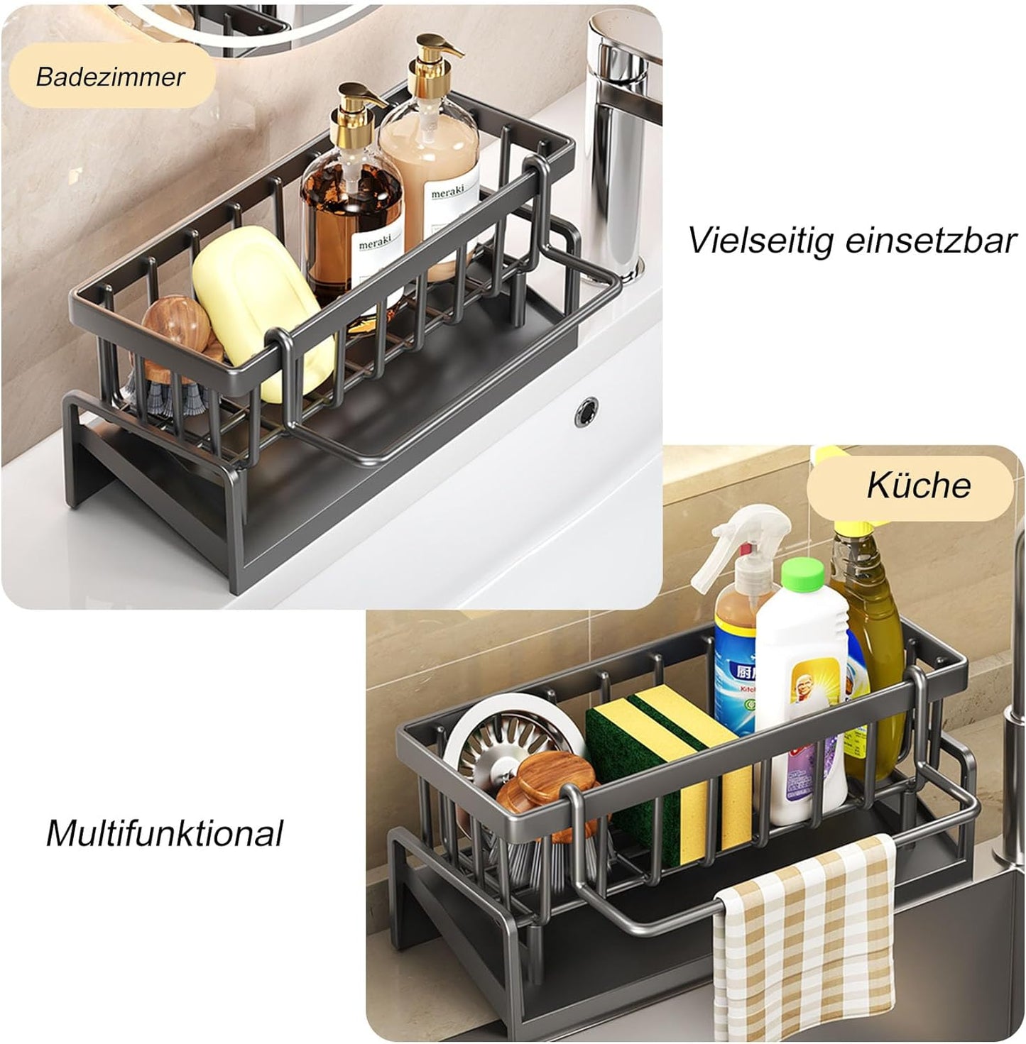 Spüle Küchen Organizer, Spülbecken Organizer Mit Selbstentleerender Ablaufwanne for Schwammhalter, Handtuchhalter, Spültuchhalter, Super Organizer Für Küche Und Badezimmer. (Schwarz)