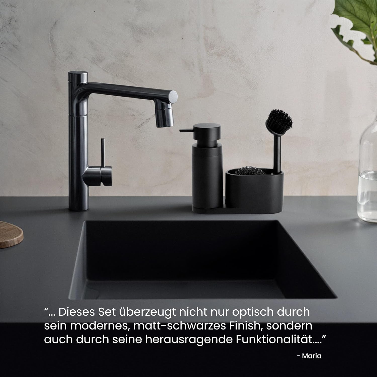 Blackswedenhome. Design Spülbecken Organizer Mit Entnehmbaren Spülmittelspender Spülbürste Und Schwamm - Küchenorganizer - Spüle Organizer Aus Kunststein Sink Spül Set Seifenspender Schwarz Matt