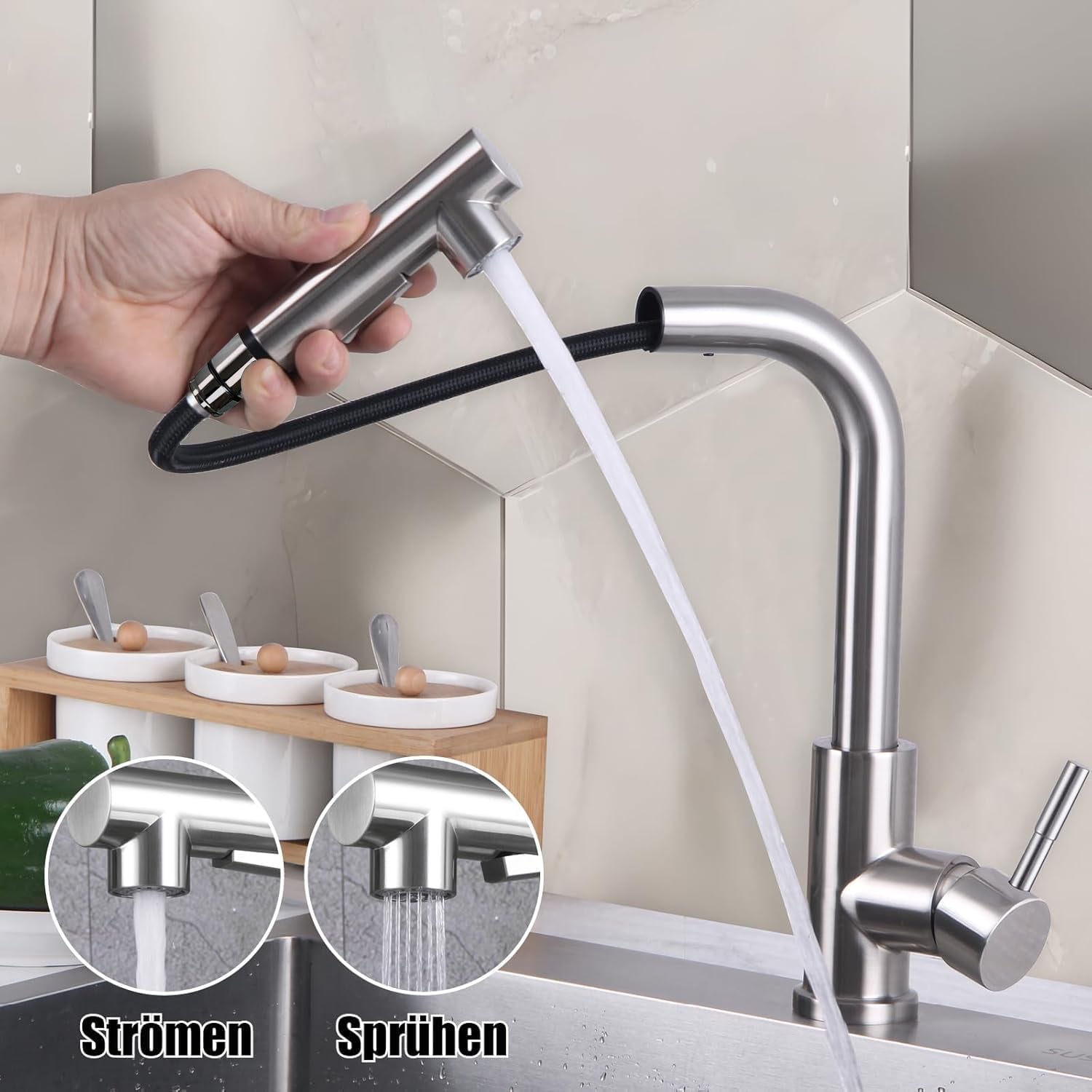 Hochdruck Wasserhahn Küche Ausziehbar, SEMANEY 2 Modi Küchenarmatur Mit Brause Ausziehbar, 360° Schwenkbar Spültischarmatur Mischbatterie Küche, L Form Einhebelmischer Armatur Küche, Gebürstet