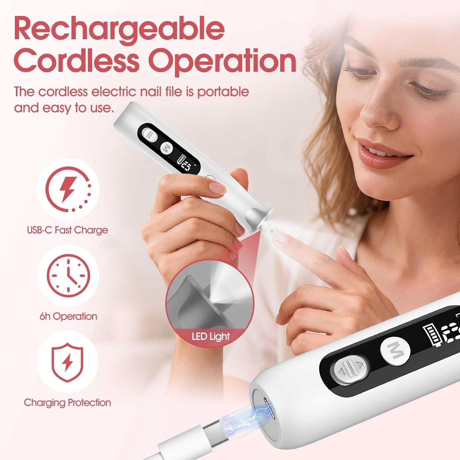 Maniküre/Pedikure Set Elektrisch, Nagelfelile, Nagelfraser Und Hornhautentfemer Mit 10 Aufsatze Zur Nagelpflege, Mit 10 Geschwindigkeiten, LED Licht, Aufbewahrungstasche