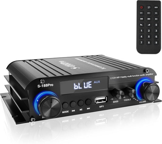 2.1 Kanal Stereo Audio Verstärker, Bluetooth 5.0 Hifi Endstufe Mit Subwoofer-Ausgang, 300W×2+360W, USB/AUX, Fernbedienung, Bass- & Höhenregelung, Für Aktive/Passive Subwoofer Und Lautsprecher