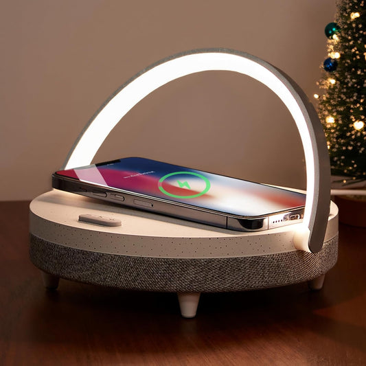 EZVALO LED Nachttischlampe Mit Ladefunktion, 4-In-1 Touch Dimmbar Nachtlicht, Bluetooth Lautsprecher, Kabelloser Ladefunktion, Telefonhalterung, Tischleuchte Für Frauen, Weihnachten, Geburtstag