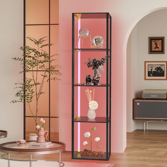 XIIW Bücherregal Mit Led-Beleuchtung, 5 Stufige Stehleuchte Mit Regal, Stehlampe Wohnzimmer Aus Holz Mit APP Und Fernbedienung, Standleuchte Eckregal Für Wohnzimmer, Schlafzimmer, Arbeitszimmer