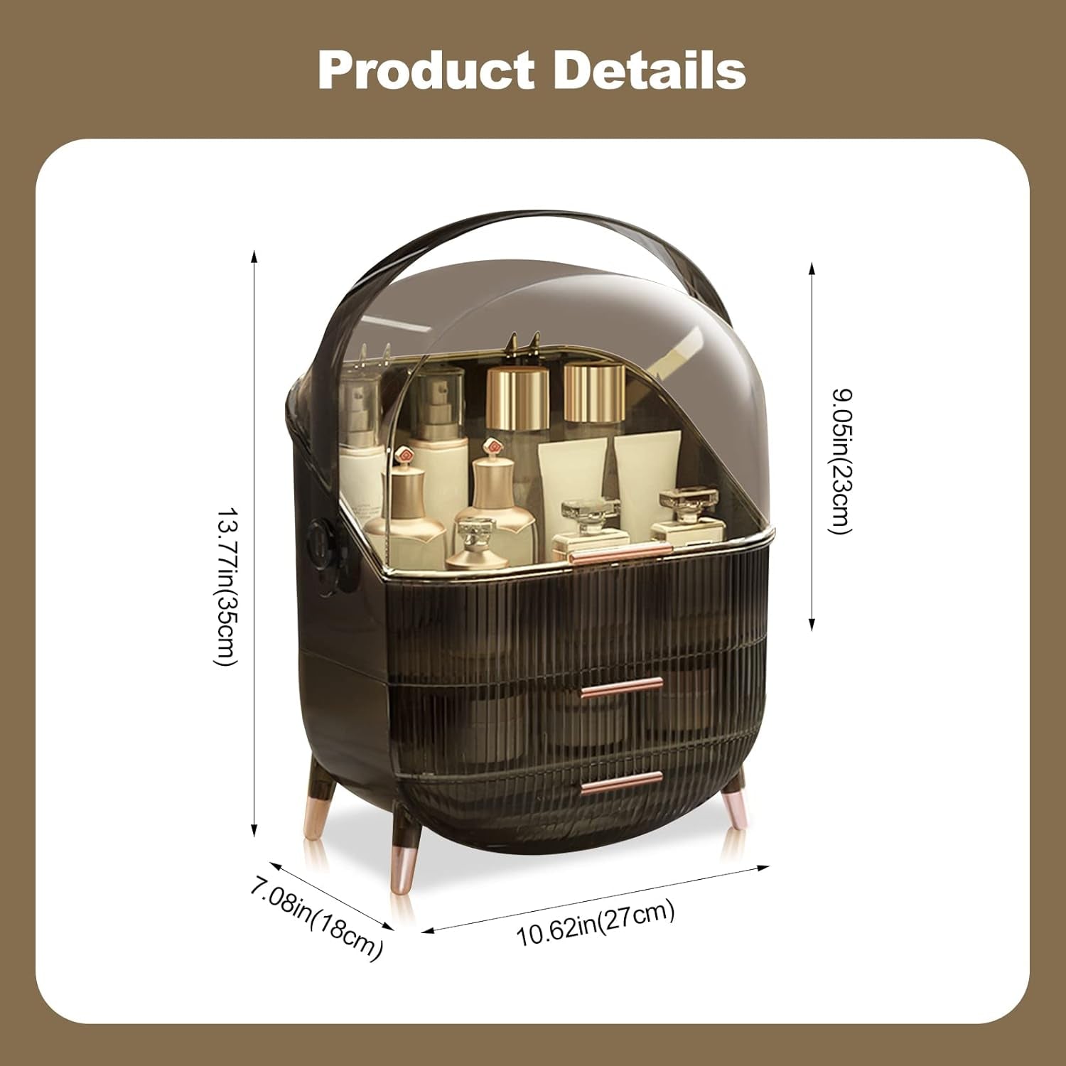 Galatée Retro Serie 180°Drehbar Tragbare Make up Organizer Kosmetikbox Kosmetische Aufbewahrungs Box Mit Staubdichtem Deckel, Beauty Organizer Mit 2 Schubladen Und Tragegriff - （Retro-Grau）