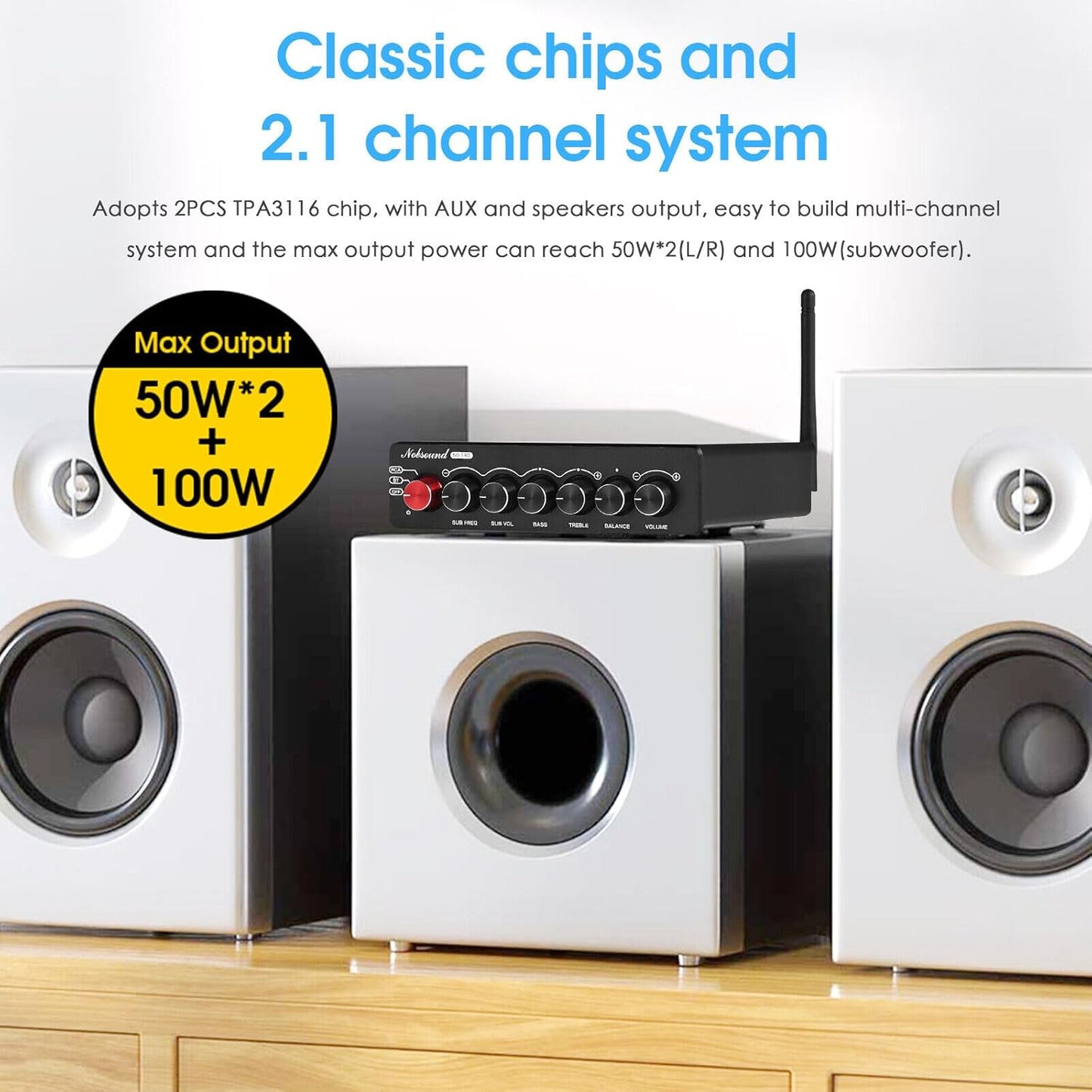 Nobsound NS-14G 2.1 Verstärker, Audio Amplifier, Bluetooth 5.0 Hifi Stereo 200W 2.1-Kanal Subwoofer Leistungsverstärker Mit Höhen- Und Basskontrolle Für Heim- Und Autolautsprecher