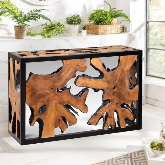 Design Teak Konsole Duncan 120Cm Natural Schwarzes Metall Konsolentisch Massiv Wurzelholz