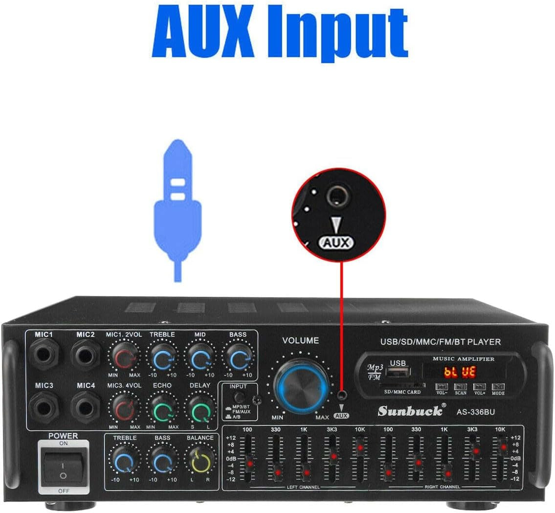 Areyourshop Hifi Verstärker Stereo Pa Endstufe Mit Bluetooth 5.0 2000W Audio Receiver Karaoke FM USB SD AUX, Vorverstärker Hifi 5-Band-Eq-Mixer, 4 Mikr, Verstärker Mit Boxen, Tuner Hifi Stereo
