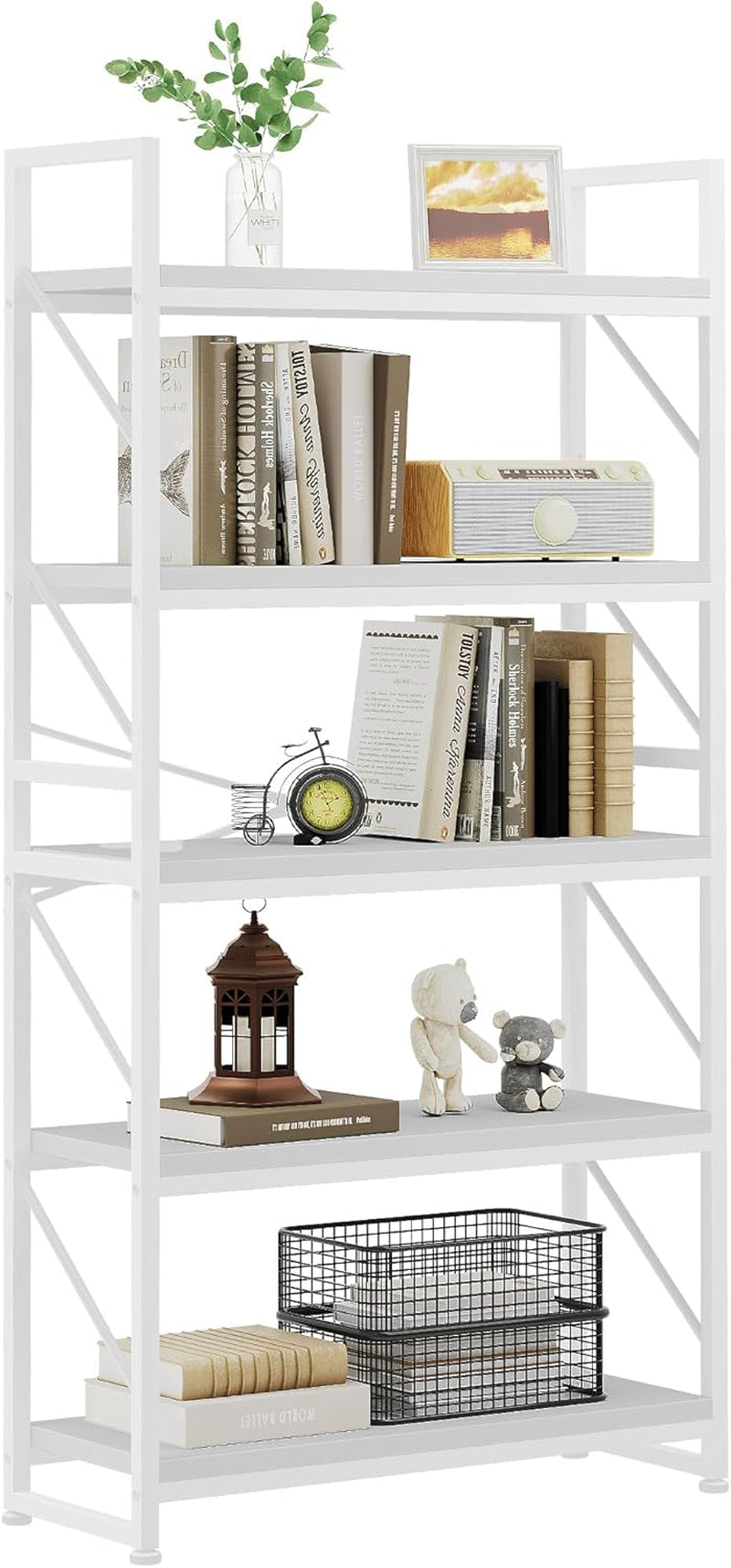 YITAHOME Bücherregal Mit 5 Ebenen - Industrielles Holzregal Mit Metallrahmen, Großes Freistehendes Regal, Präsentationsregal Für Wohnzimmer, Heimbüro - Reinweiß