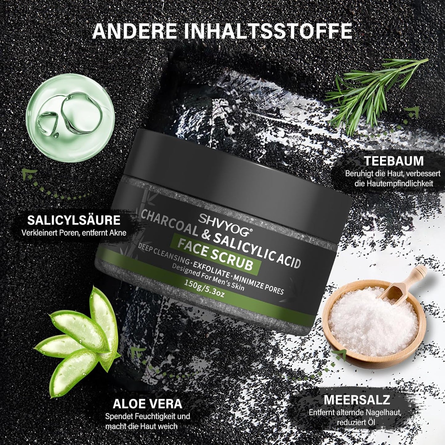 Charcoal Salicylic Acid Face Scrub for Men, Gesichtspeeling Für Männer, Reduziert Mitesser, Akne, Verstopfte Poren, Ölkontrolle, Rasurvorbereitung Für Männer, Mit Gesichtsreinigungsbürste