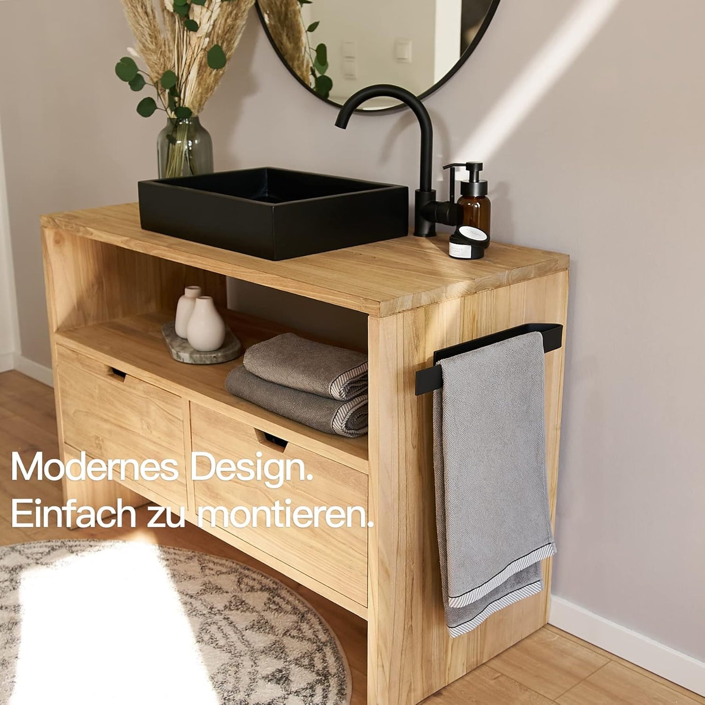 Designfabrik Hamburg Handtuchhalter Ohne Bohren | Handtuchhalter Wand Für Bad & Küche | Handtuchring | Wandhalter Selbstklebend Für Badezimmermöbel | Handtuchhalter Schwarz 40 Cm | Modernes Design