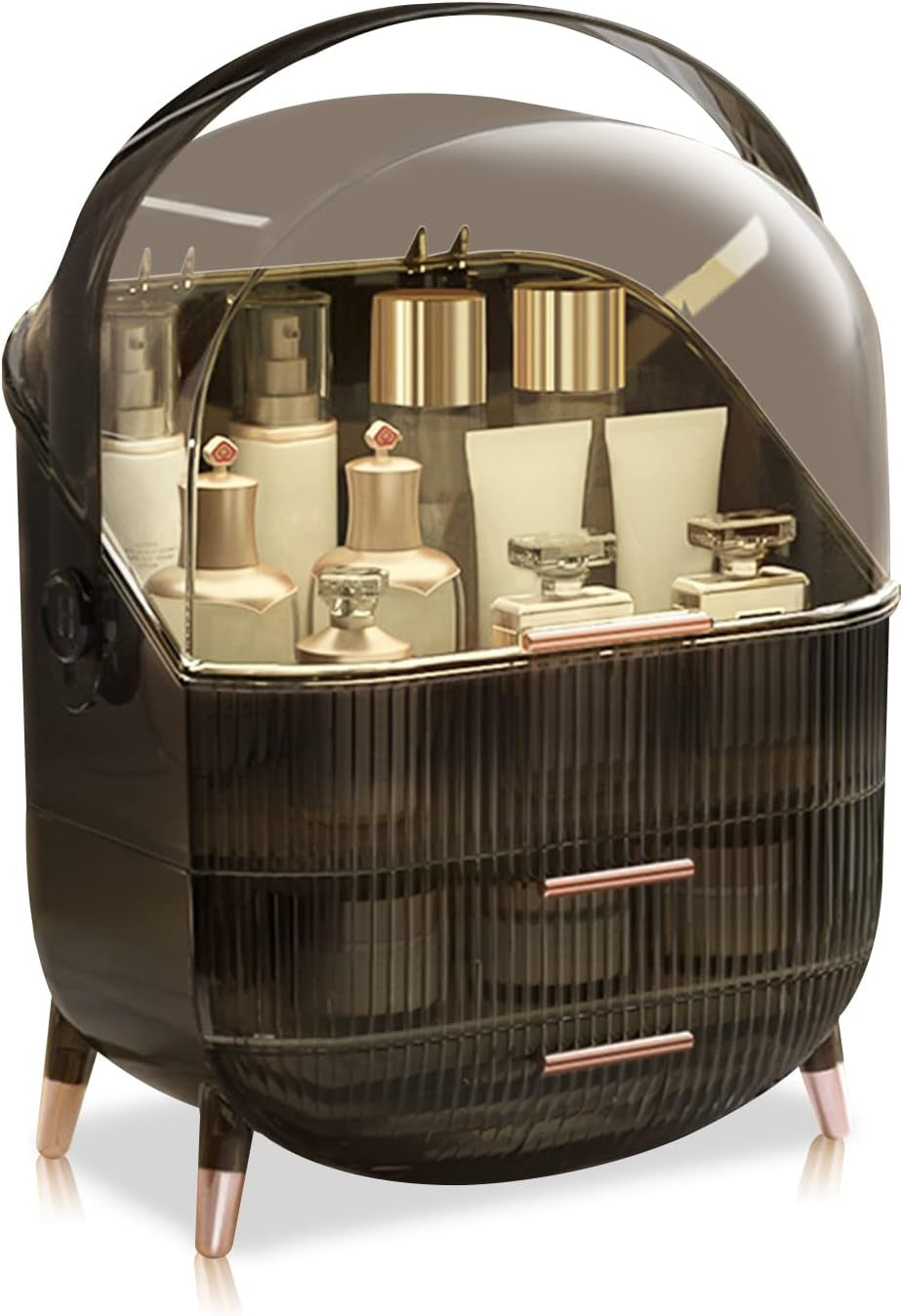 Galatée Retro Serie 180°Drehbar Tragbare Make up Organizer Kosmetikbox Kosmetische Aufbewahrungs Box Mit Staubdichtem Deckel, Beauty Organizer Mit 2 Schubladen Und Tragegriff - （Retro-Grau）