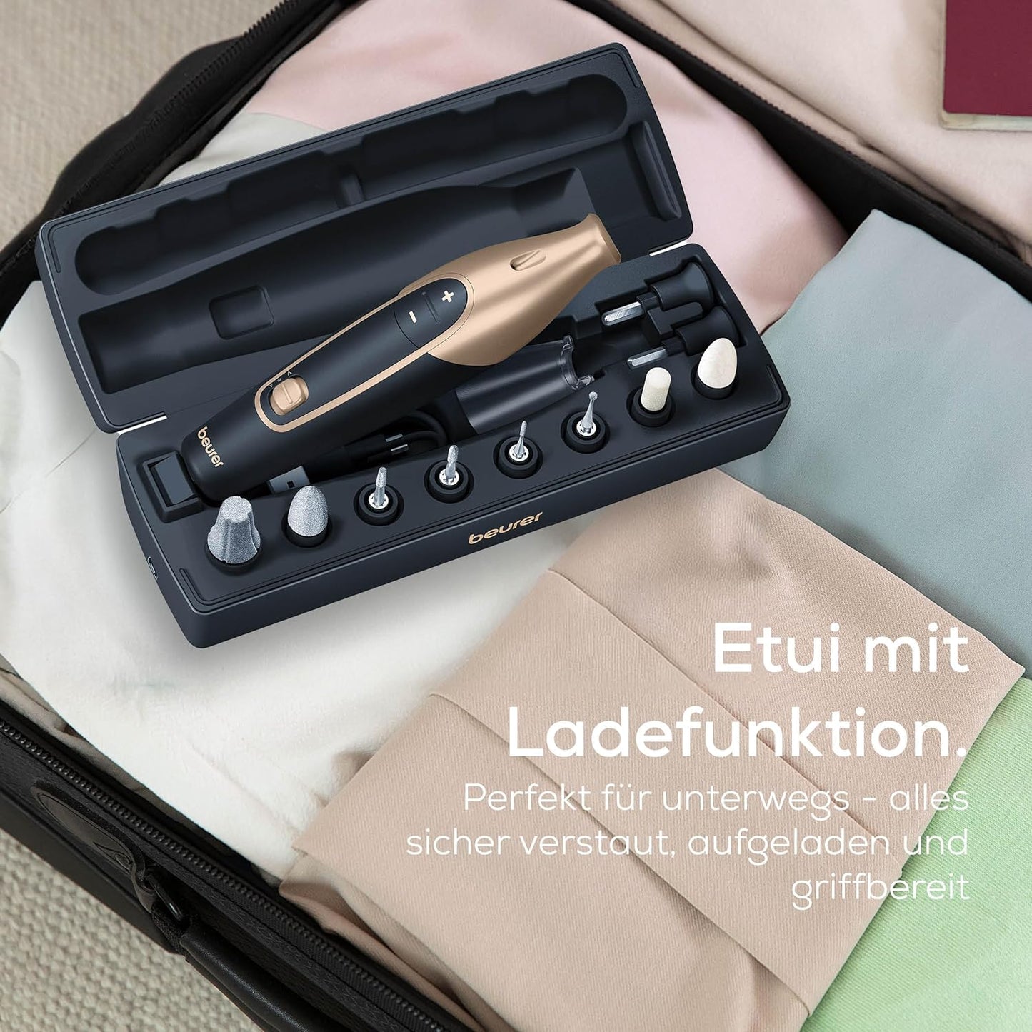 Beurer MP 84 Special Edition Maniküre-/Pediküreset, Elektrische Nagelfeile Mit Akku, 10 Aufsätze, Led-Licht, Inkl. Aufbewahrungsetui, Bis Zu 4400 U/Min, Nagelfräser Zur Hand- Und Fußpflege, Schwarz