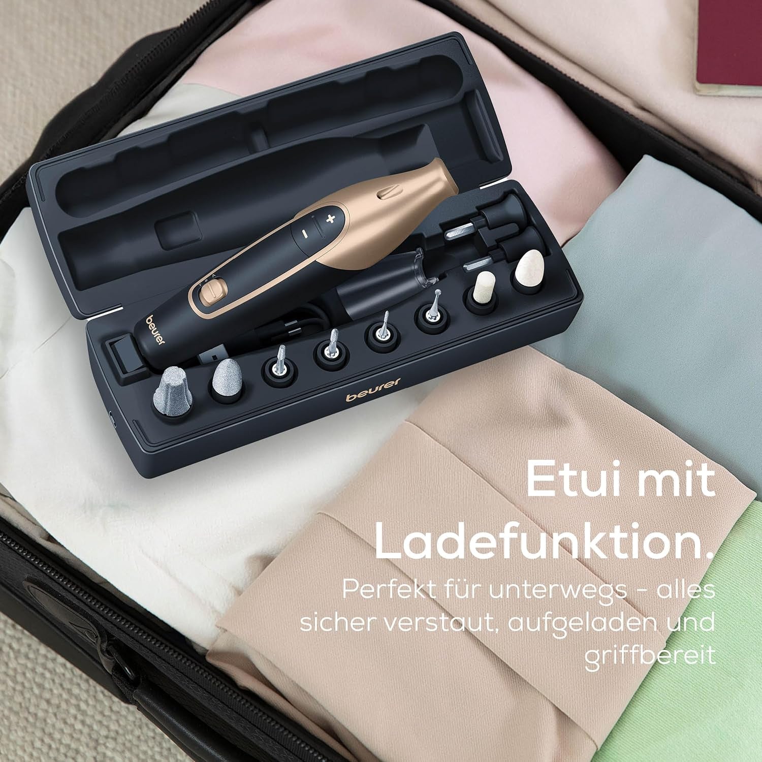 Beurer MP 84 Special Edition Maniküre-/Pediküreset, Elektrische Nagelfeile Mit Akku, 10 Aufsätze, Led-Licht, Inkl. Aufbewahrungsetui, Bis Zu 4400 U/Min, Nagelfräser Zur Hand- Und Fußpflege, Schwarz