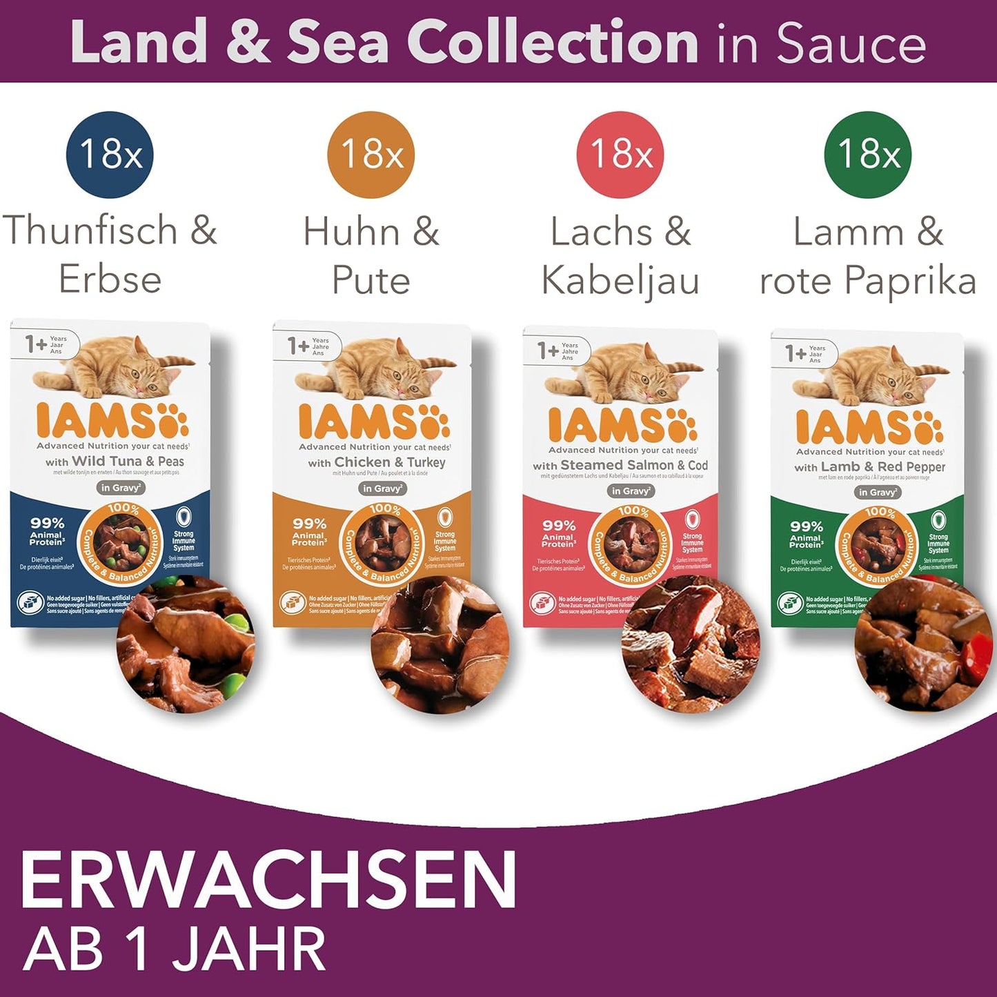 IAMS Delights Land & Sea Collection Katzenfutter Nass - Multipack Mit Fleisch Und Fisch Sorten in Sauce, Nassfutter Für Katzen Ab 1 Jahr, 72 X 85 G