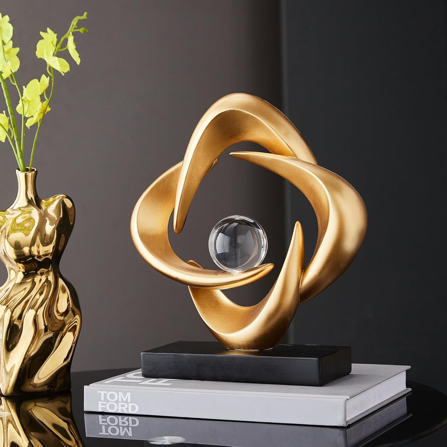 Abstrakte Kunst-Skulptur, Kunstharz, Gold, Dekorative Statue, Moderne Weiße Ornamente Für Wohnzimmer, Dekorativas Modernas Für Couchtisch/Eingang/Büro, Sammlerstücke (Gold)