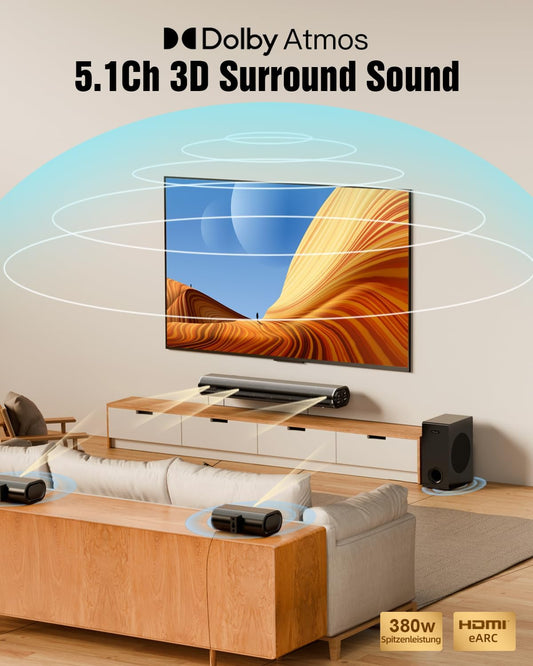 Hiwill 5.1 Dolby Atmos Mit Soundbar Für TV Geräte, Surround Heimkino Soundsystem Für Fernseher, 2 Rear-Lautsprechern, Sound Bar Mit Subwoofer 5.25'', Earc/Arc/Opt/Aux/Usb, Hielite A51, 2025