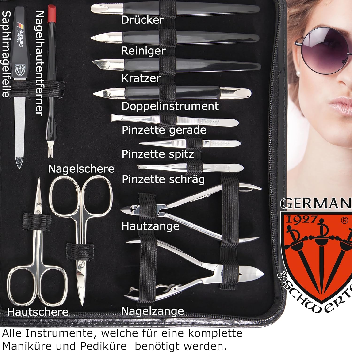 DREI SCHWERTER - Germany 23-Tlg. MEGA Maniküreset 'Varese' Nagel Set Etui in Kunstleder Schwarz | Inhalt: Nagelschere, Nagelzange, Haarschere, Nagelknipser Und Vieles Mehr!