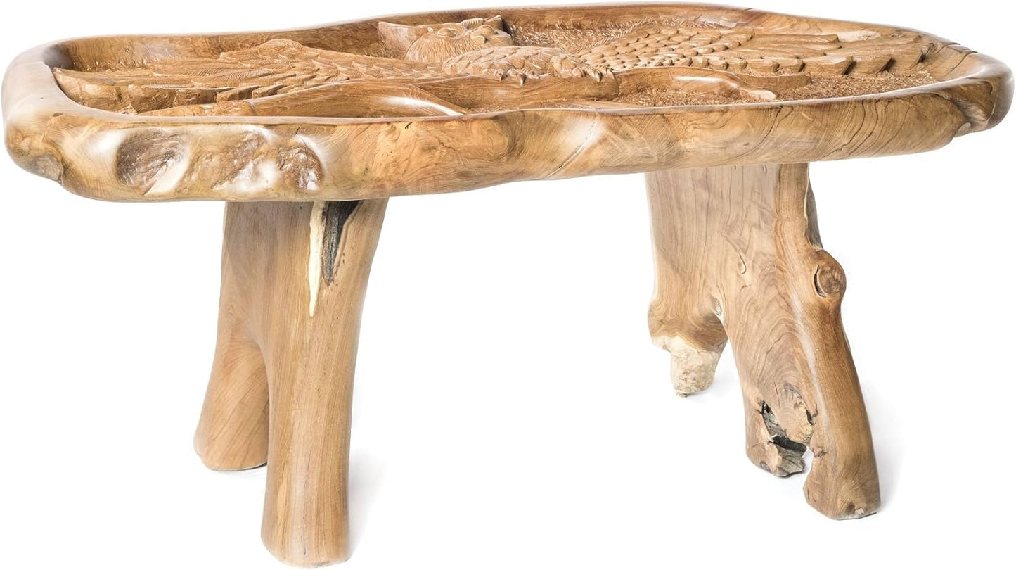 Windalf Handgearbeiteter Design Eulen Couchtisch Miana 106 Cm Großer Uhu Wohnzimmertisch Mit Glasplatte UNIKAT Wurzelholz