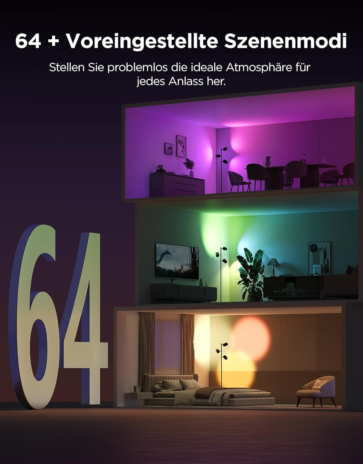 Govee 3-Flammen LED Stehlampe, RGBWW Fokus-Verstellbar Stehleuchte, 1500Lm, Matter Alexa Kompatibel, 64+ Szenen, Musik Sync, 157Cm Stehlampen Schwarz Für Wohnzimmer, Schlafzimmer, Lesezimmer Deko