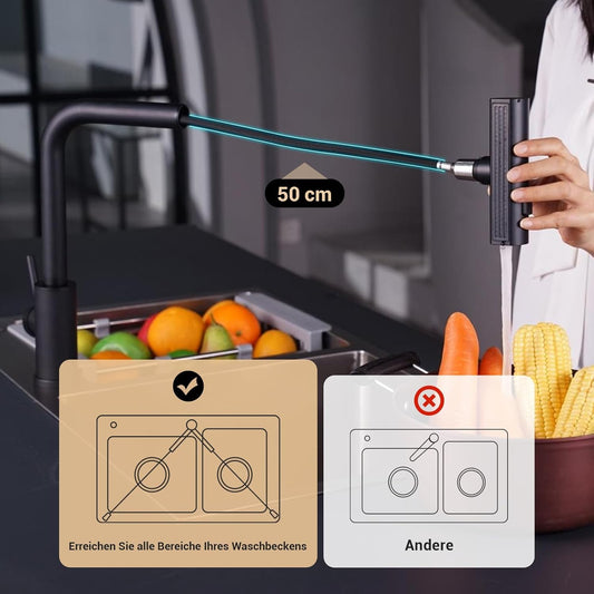 DAYONE Wasserfall Wasserhahn Küche Ausziehbar, Mattschwarz Hochdruck Spültischarmatur Küche Mit Brause, 360° Drehbar Mischbatterie Küche Mit 3 Strahlarten, SUS304 Edelstahl Küchenarmatur