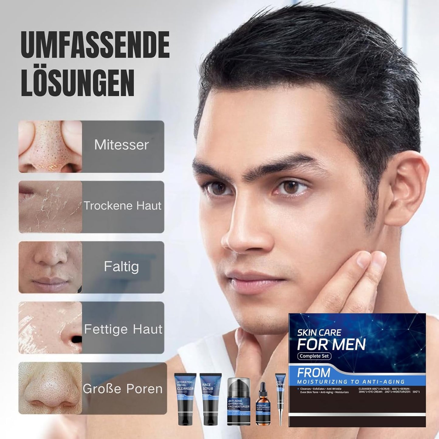 Herren Hautpflege Set, Anti-Aging Gesichtspflege Set Mit Reiniger,Peeling,Serum,Augencreme & Gesichtscreme, Straffende Geschenke Skincare Set Für Männer Weihnachtsgeschenke Herren Pflegeset (5-Teilig)