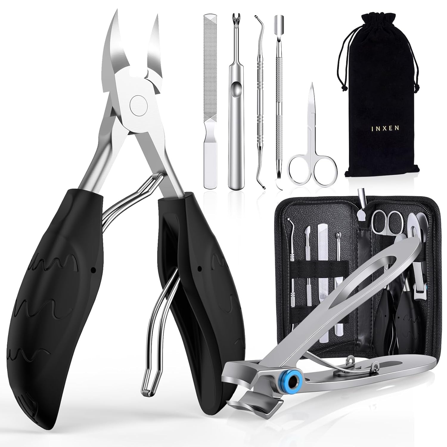 Profi Nagelschere Set, Edelstahl Maniküre Nagelknipser, Scharf Nagelknipser Für Dicke & Eingewachsene Fußnägel,7 Pcs Pediküre Set Nagelschere Fussnägel Mit Nagelzange & Nagelhautschere,Schwarz