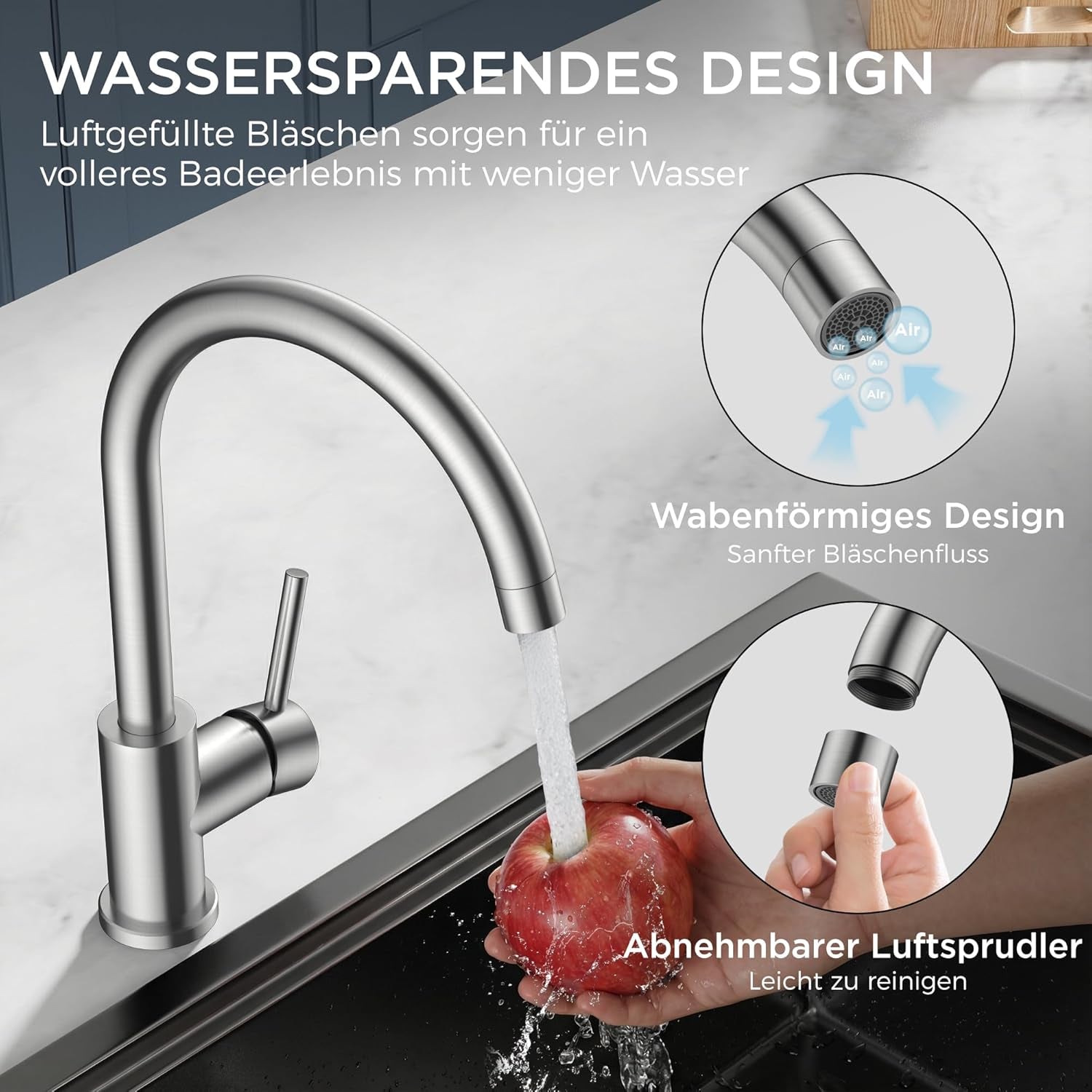 FORIOUS Wasserhahn Küche, Mischbatterie Armatur, Edelstahl, 360° Schwenkbar, Einhebel-Warm- Und Küchenarmatur, Edelstahl, Auslaufhöhe 238 Mm, Fingerzug