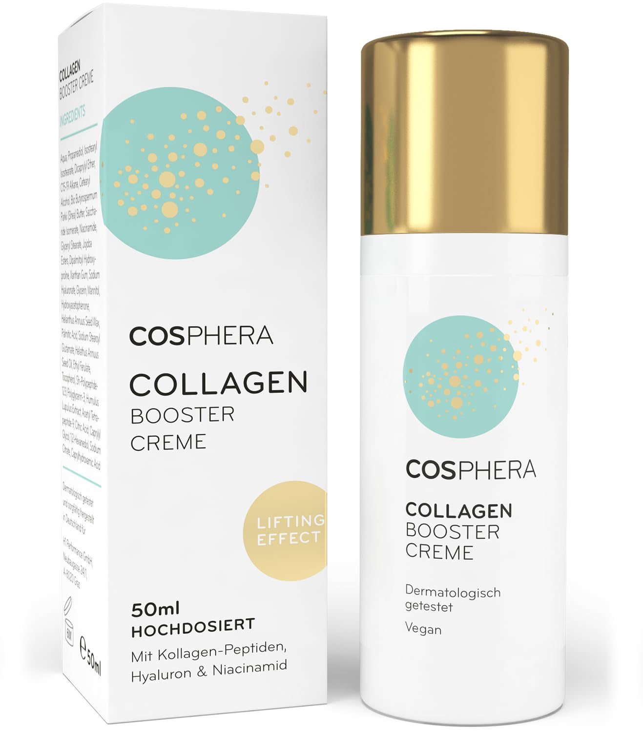 Cosphera Collagen Booster Creme 50 Ml Vegan - Mit Hyaluronsäure, Peptiden & Vitamin B3 - Gesichtscreme Gegen Falten - anti Faltencreme Gegen Tränensäcke, Augenringe Und Stirnfalten