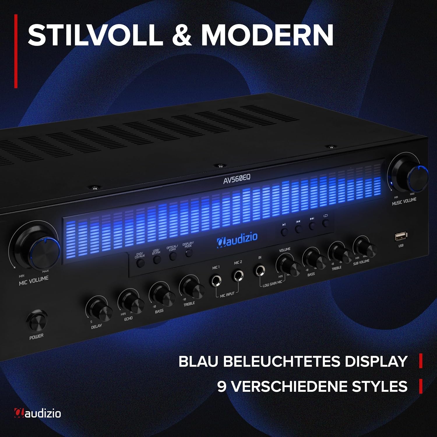 AV560EQ - 5.1 Hifi Verstärker Mit Bluetooth, 390 Watt AV Receiver & Stereoanlage Für Heimkino, TV & Musik - Verstärker Hifi Stereo Mit Subwoofer-Out, USB, Fm-Radio, 2X Mikrofon, Equalizer