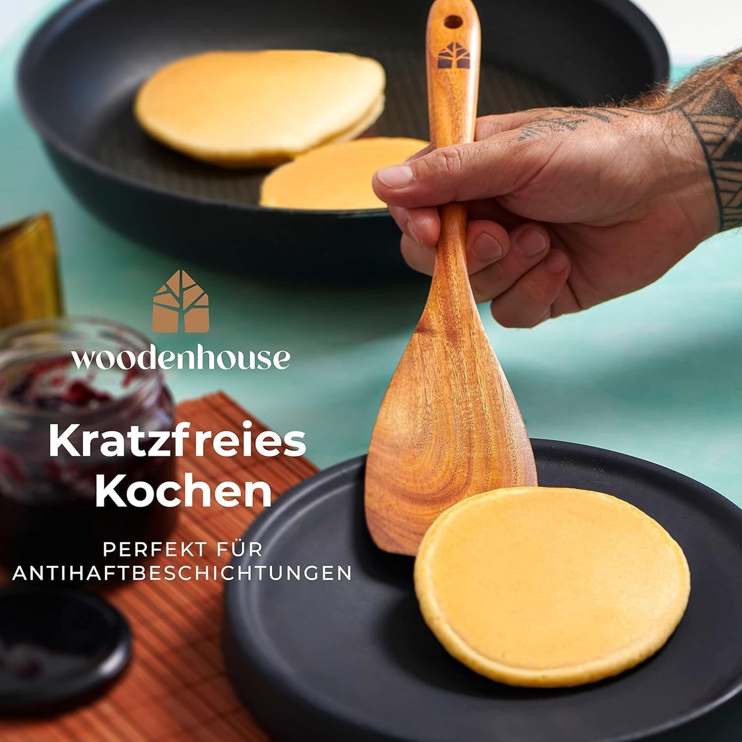 Holz Kochbesteck-Set Mit Halter, Pfannenwender Kochlöffel Schöpfkelle Nudelheber Servierlöffel Sieb – Mit Haken, Halter Und Ablage – 13-Teiliges-Set Küchenset – Hochwertig & Nachhaltig