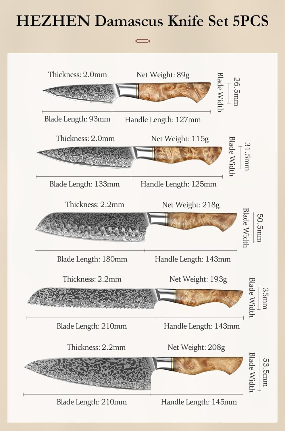 HEZHEN Damast Messer Set 5PCS, Japanischen Stil Damaskus Stahl Küchenmesser Santoku, Brot Universalmesser Schälmesser, Holzgriff