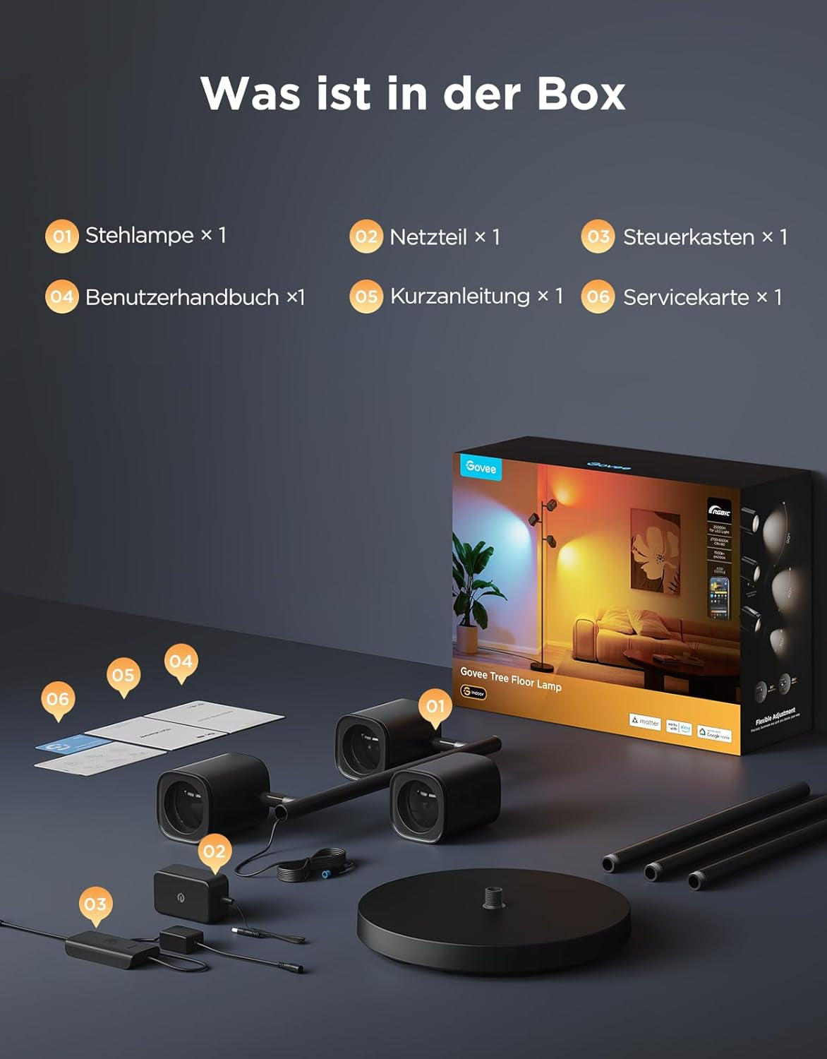 Govee 3-Flammen LED Stehlampe, RGBWW Fokus-Verstellbar Stehleuchte, 1500Lm, Matter Alexa Kompatibel, 64+ Szenen, Musik Sync, 157Cm Stehlampen Schwarz Für Wohnzimmer, Schlafzimmer, Lesezimmer Deko