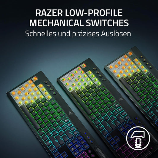 Razer Blackwidow V4 Low-Profile Hyperspeed - Kabellose, Flache Mechanische Gaming-Tastatur (Hyperspeed Wireless & BT, Multifunktionaler Drehregler & 11 Funktionstasten) Orange Switches | De-Layout