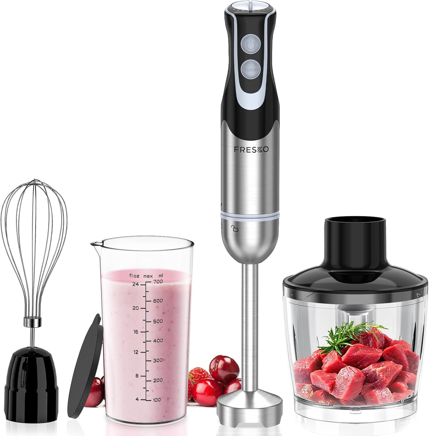 FRESKO 4-In-1 Stabmixer Edelstahl, 1000W Pürierstab Mit 12 Geschwindigkeiten Und Turbo-Modi, Inklusive Schneebesen, 500Ml Lebensmittelhacker Und 700Ml Messbecher, Für Babynahrung, Suppe, Smoothies