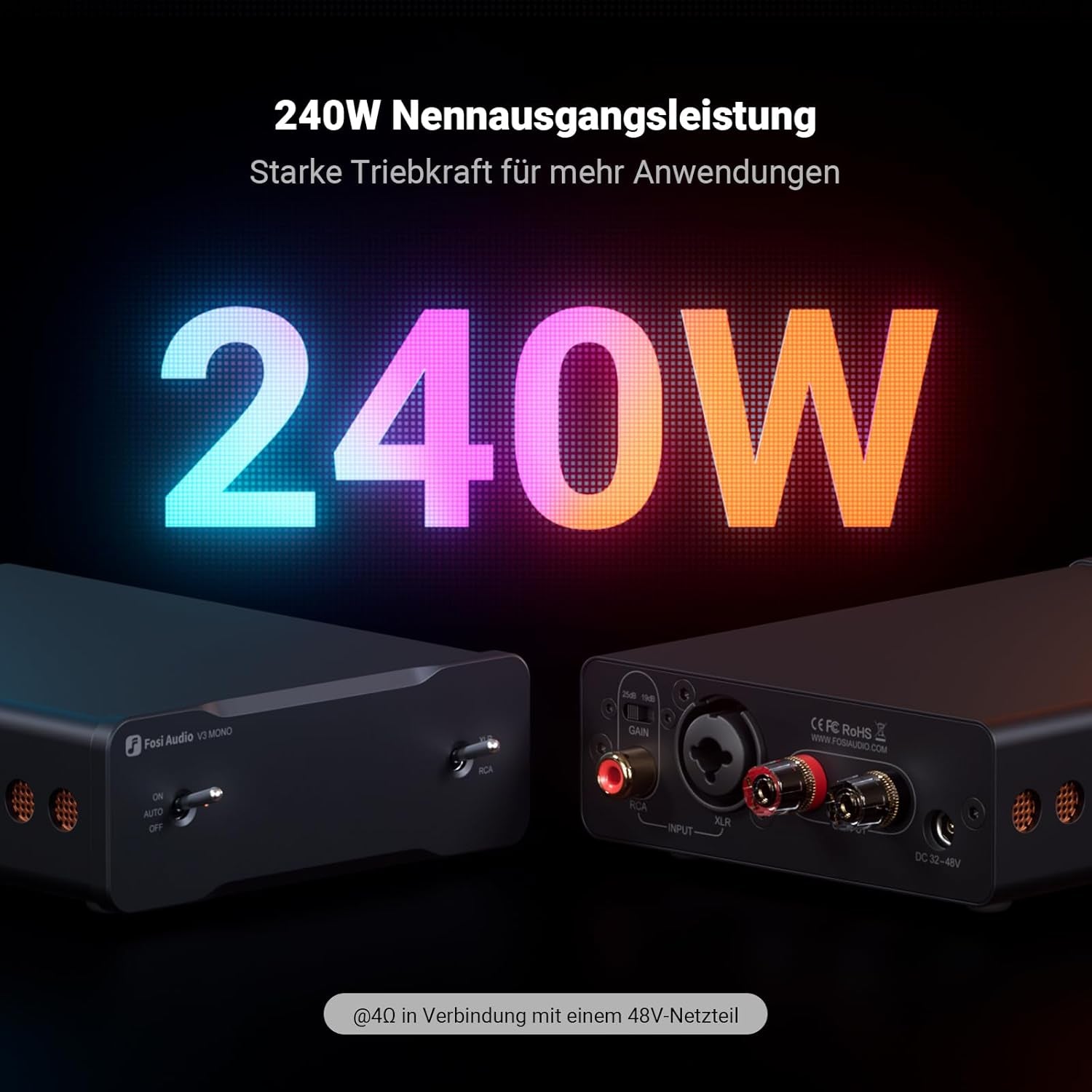 Fosi Audio V3 Mono Leistungsverstärker Für Passive Lautsprecher, Mini Monoblock Class D Verstärker Mit TPA3255, 240W Hifi Heimkino AVR Receiver, RCA/XLR Symmetrische Eingänge, 48V/10A Netzteil