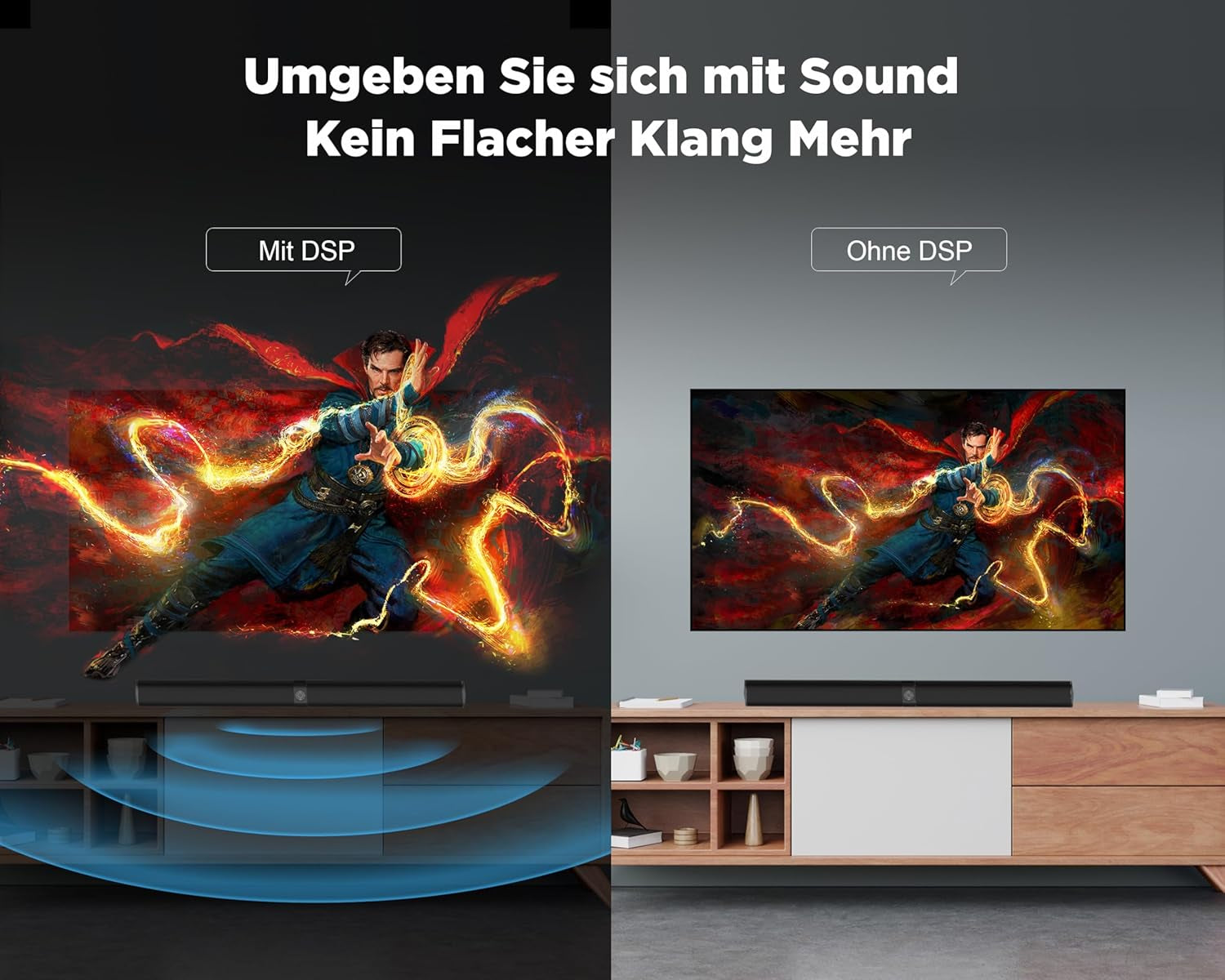 Soundbar Für TV Geräte, Teilbare 2-In-1 Set of TV Soundbar, Auto-Volume-Boost, 3 Sound Modi, Surround Soundsystem, Bluetooth 5.3, Arc/Opt/Aux, TV Lautsprecher Für Fernseher, Beamer, Monitor