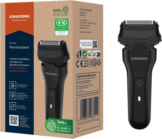 GRUNDIG MS 6330 Herrenrasierer, 60 Min Betriebszeit, Ausklappbarer Langhaarschneider, 3-Fach Schneidsystem, Gehäuse Aus 74% Recyceltem Kunststoff, Weltweite Nutzung, Schwarz