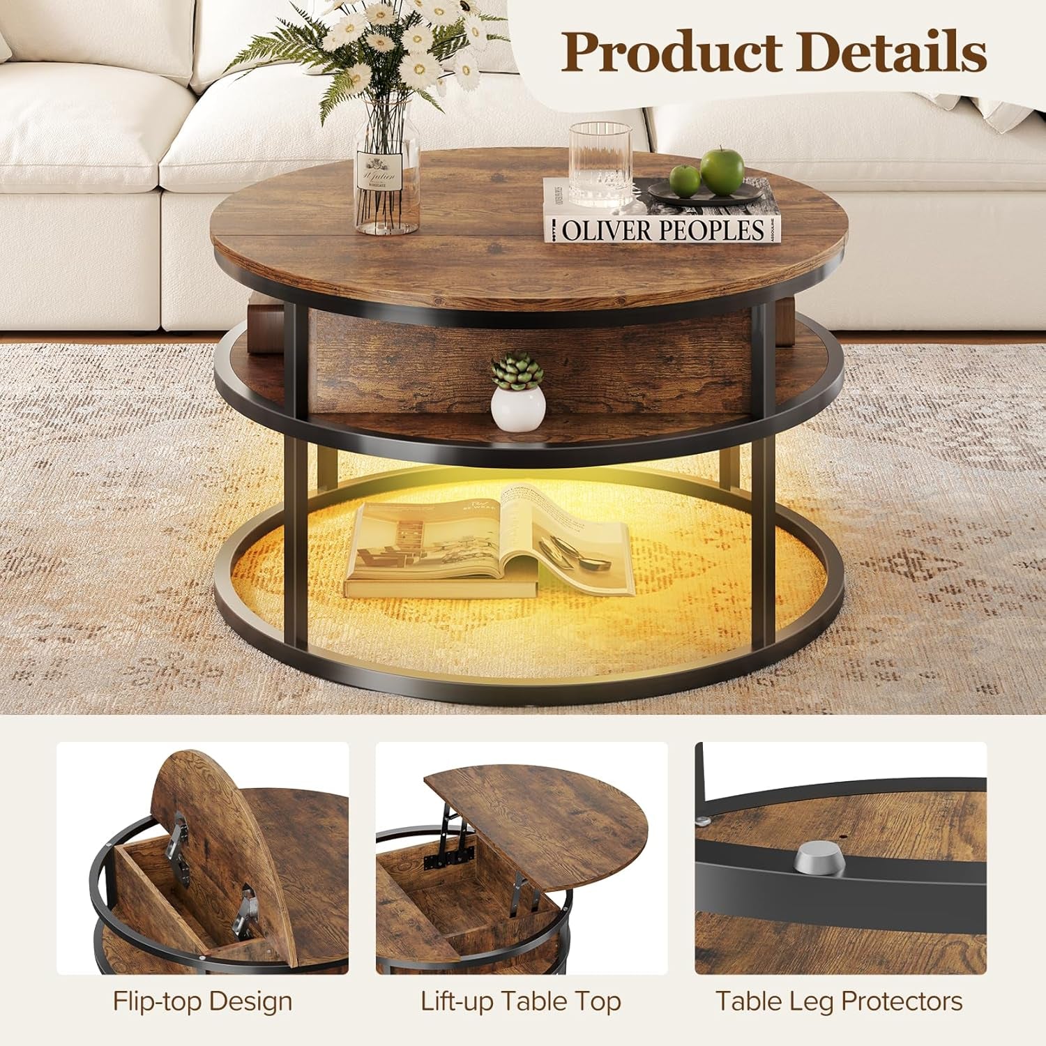 Dripex Couchtisch Rund, 81Cm Durchmesser, Höhenverstellbar Beistelltisch Mit Verstecktem Stauraum, Wohnzimmer Mit Hebeplatte,Couch Tisch,Kaffeetisch, Holz Wohnzimmertisch Für Wohnzimmer, Büro