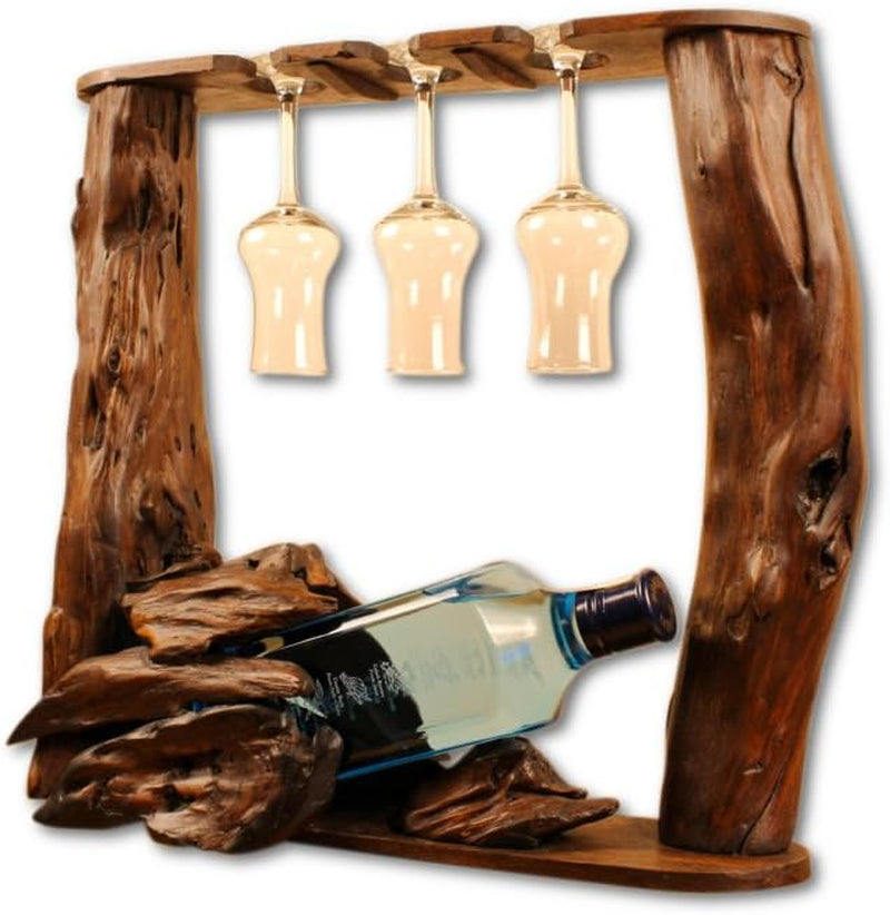 Kinaree Wurzelholz Flaschenhalter - Flaschenständer Für 1 Flasche Und 3 Gläser, Für Wein, Likör Oder Schnäpse - Geschenkidee Für Geburtstag, Weihnachten Oder Hochzeit