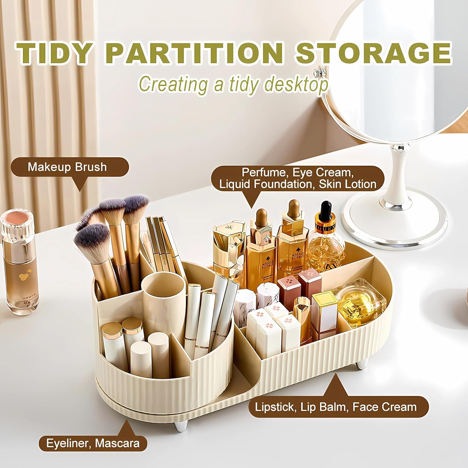 Make up Organizer 360° Drehbar, Großer Bad Kosmetik Organizer Mit Aufbewahrungsbox Für Schminktisch – Inkl. Makeup Pinsel Reiniger (Beige)
