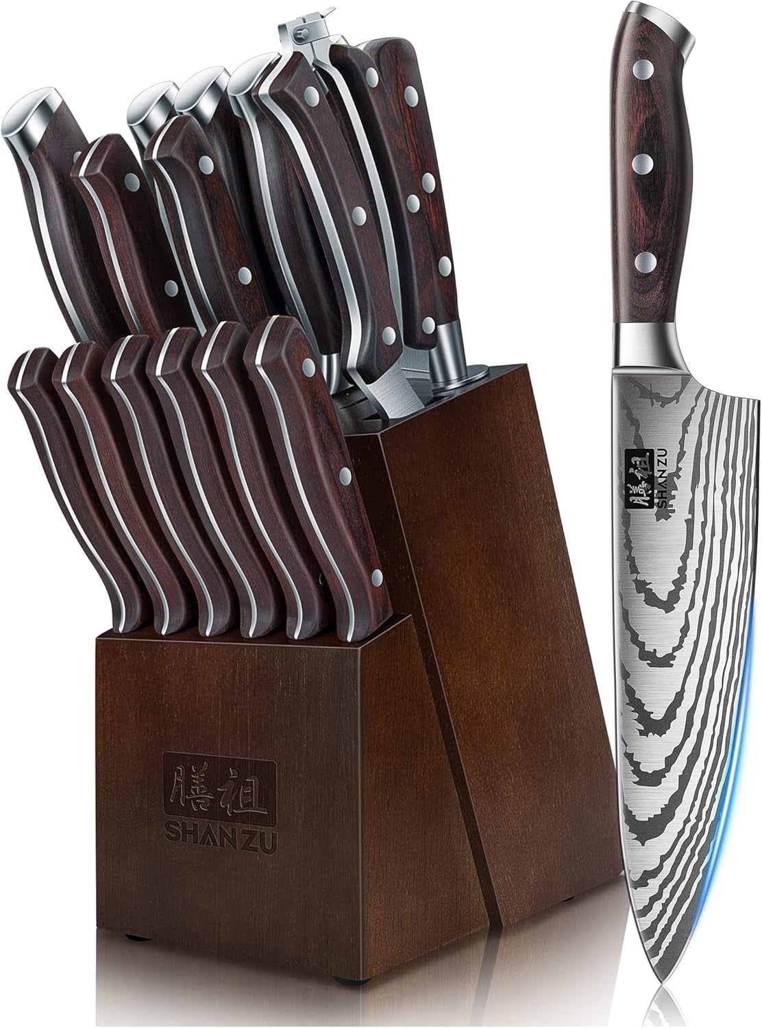 SHAN ZU Messerset 16 Teilig, Japanisches Küchenmesser Set Mit Block, Ultrascharfes Messerset Für Die Küche Mit Block, Professionelles Kochmesserset Mit Schärfer