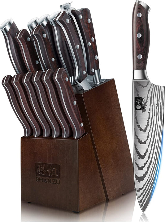 SHAN ZU Messerset 16 Teilig, Japanisches Küchenmesser Set Mit Block, Ultrascharfes Messerset Für Die Küche Mit Block, Professionelles Kochmesserset Mit Schärfer