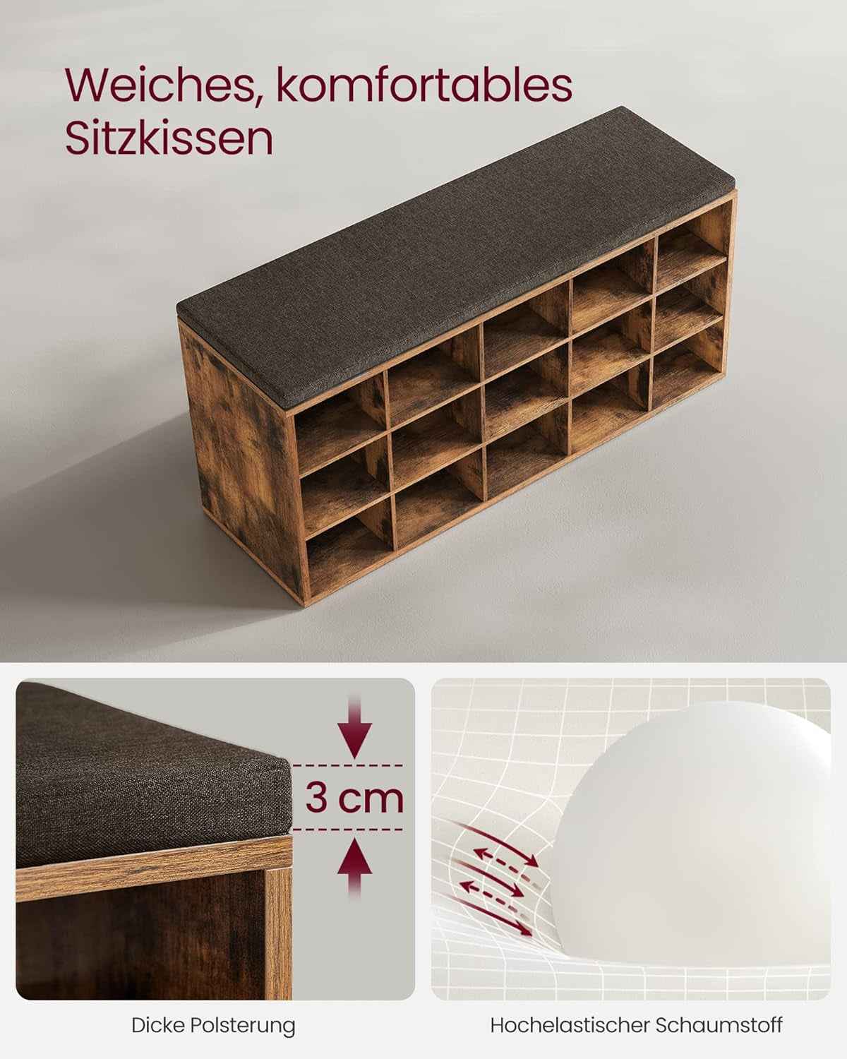 VASAGLE Schuhbank, Schuhregal Mit Sitzfläche, Sitzbank Mit Stauraum, Kissen, 15 Fächer, Für Wohnzimmer, Flur, 30 X 105 X 48 Cm, Vintagebraun-Kastanienbraun LHS15BX